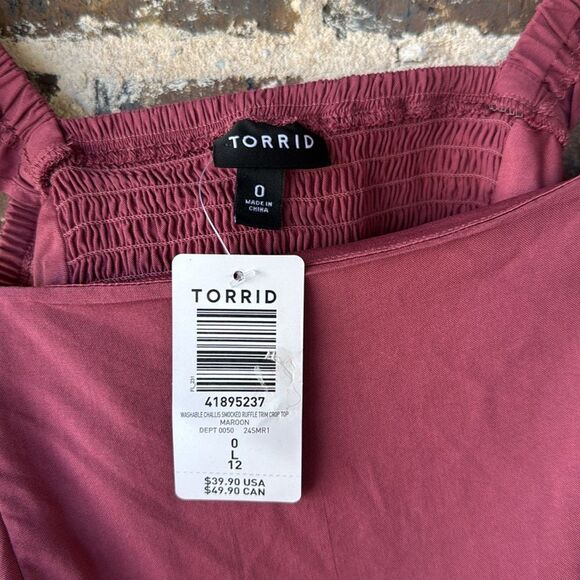 NWT Torrid Washable Challis Smocked Ruffle Trim Crop Top Maroon 0X - Picture 4 of 6